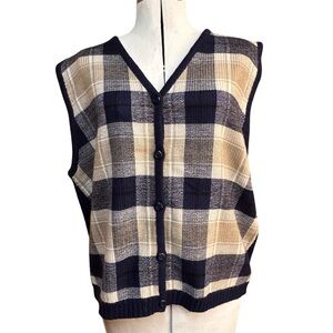 Cabin Creek 90’s vintage Plaid Sleeveless Top - Vest Navy and Beige size L